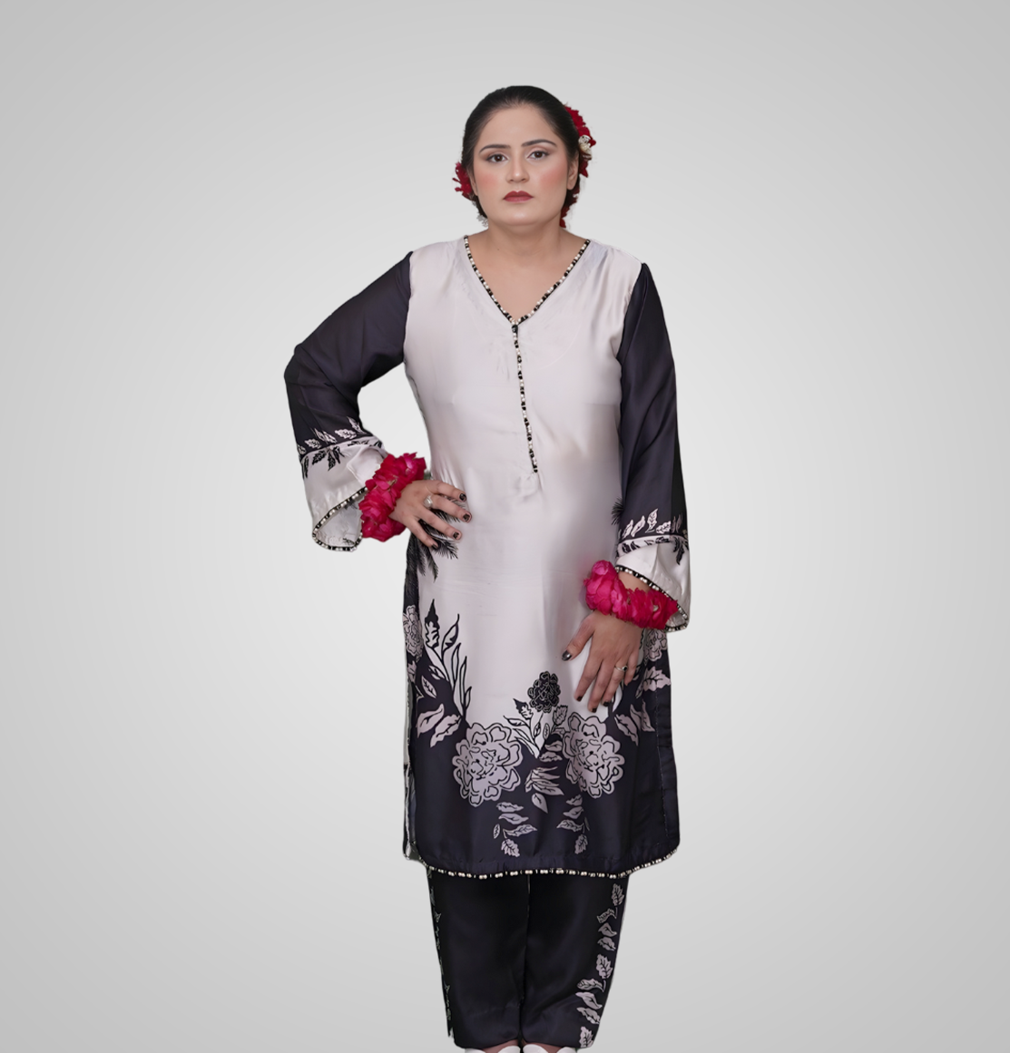 Monochrome Blossom Silk 2-Piece Set