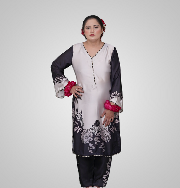 Monochrome Blossom Silk 2-Piece Set