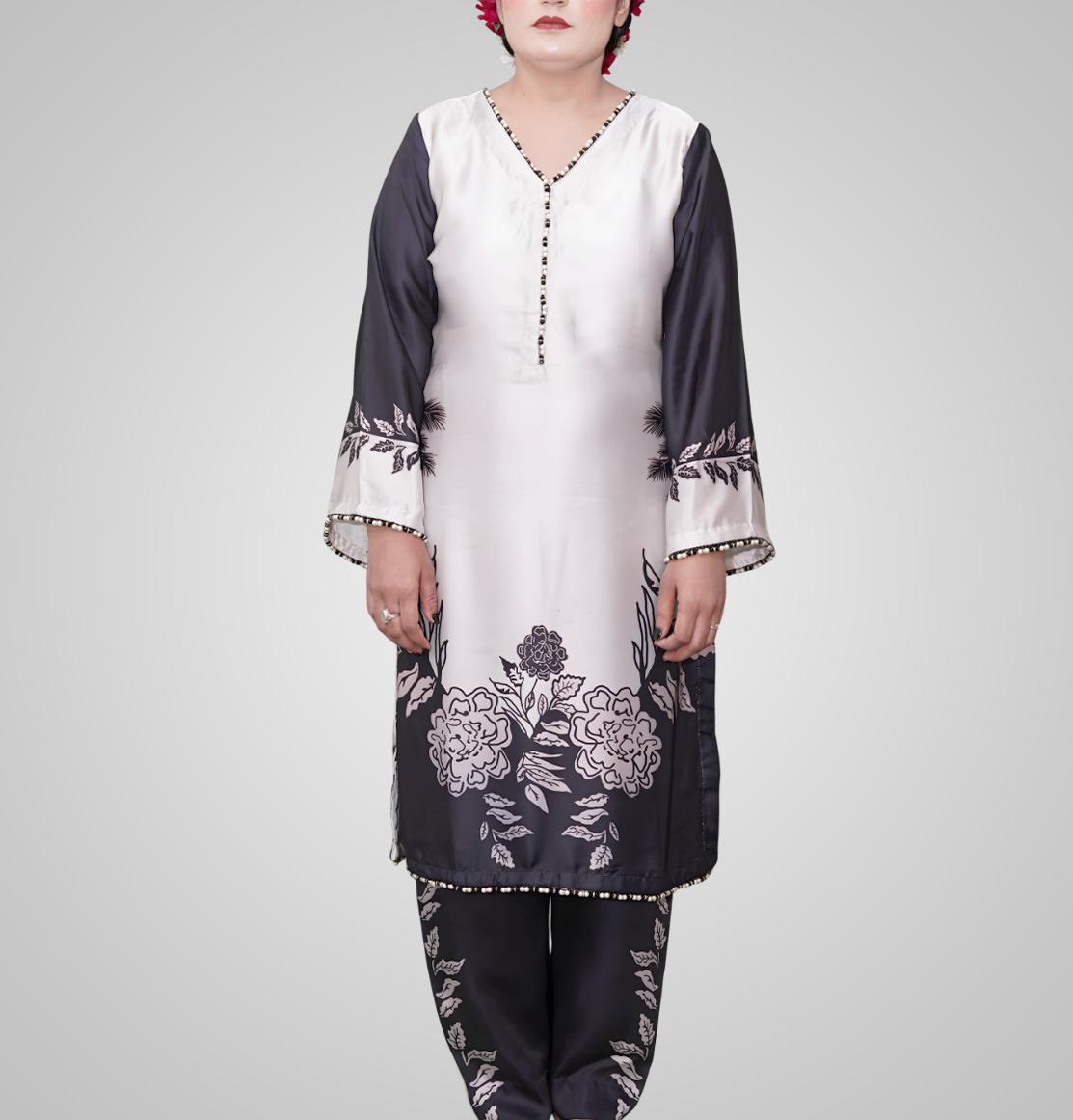 Monochrome Blossom Silk 2-Piece Set