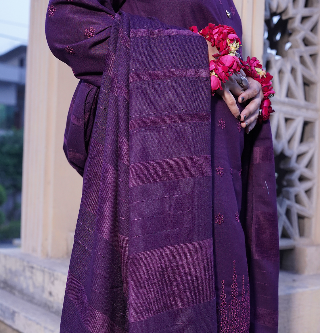 Royal Orchid Embroidered Ensemble ( 3 piece suit with wool shawl )