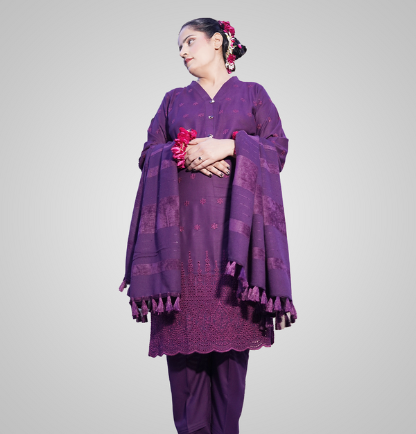 Royal Orchid Embroidered Ensemble ( 3 piece suit with wool shawl )