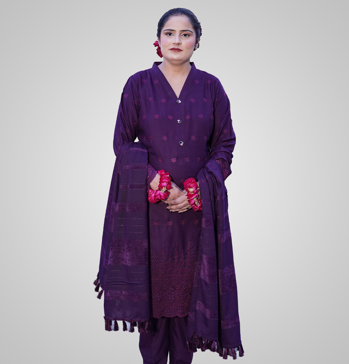 Royal Orchid Embroidered Ensemble ( 3 piece suit with wool shawl )