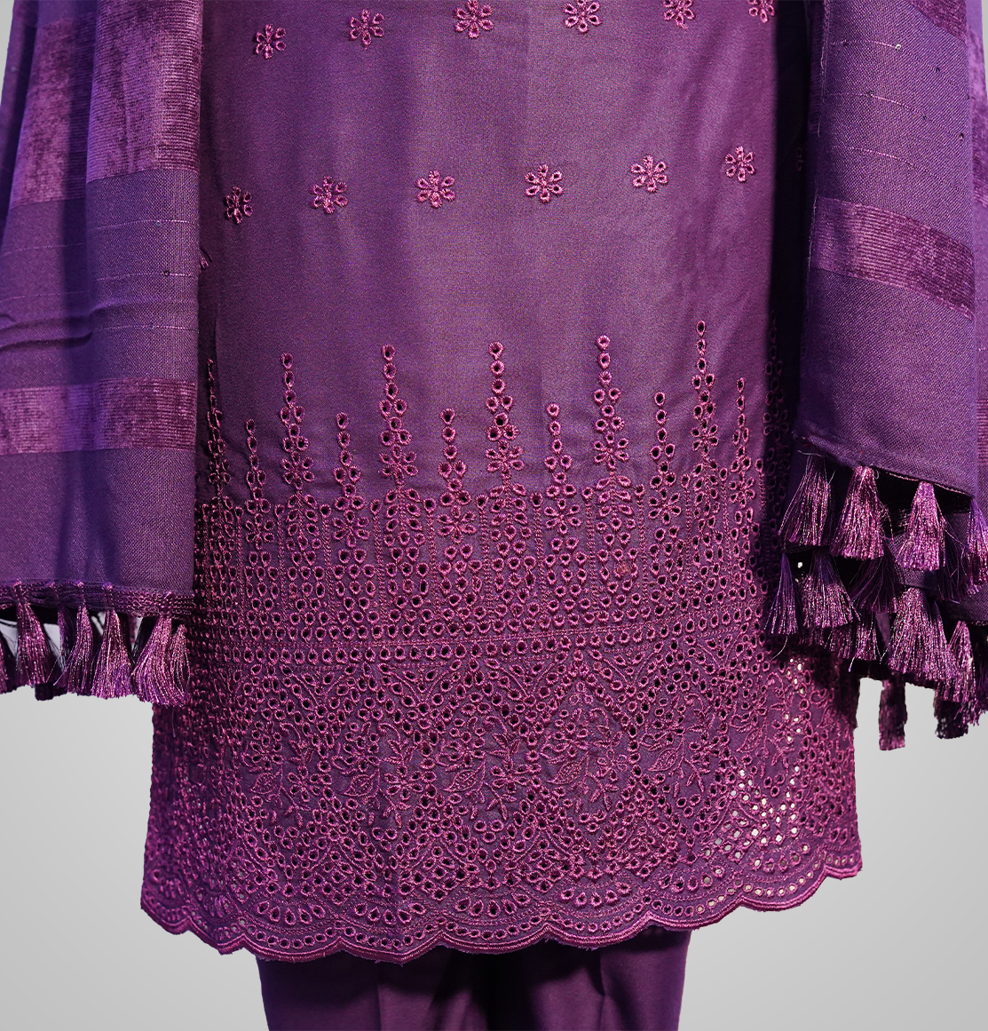 Royal Orchid Embroidered Ensemble ( 3 piece suit with wool shawl )