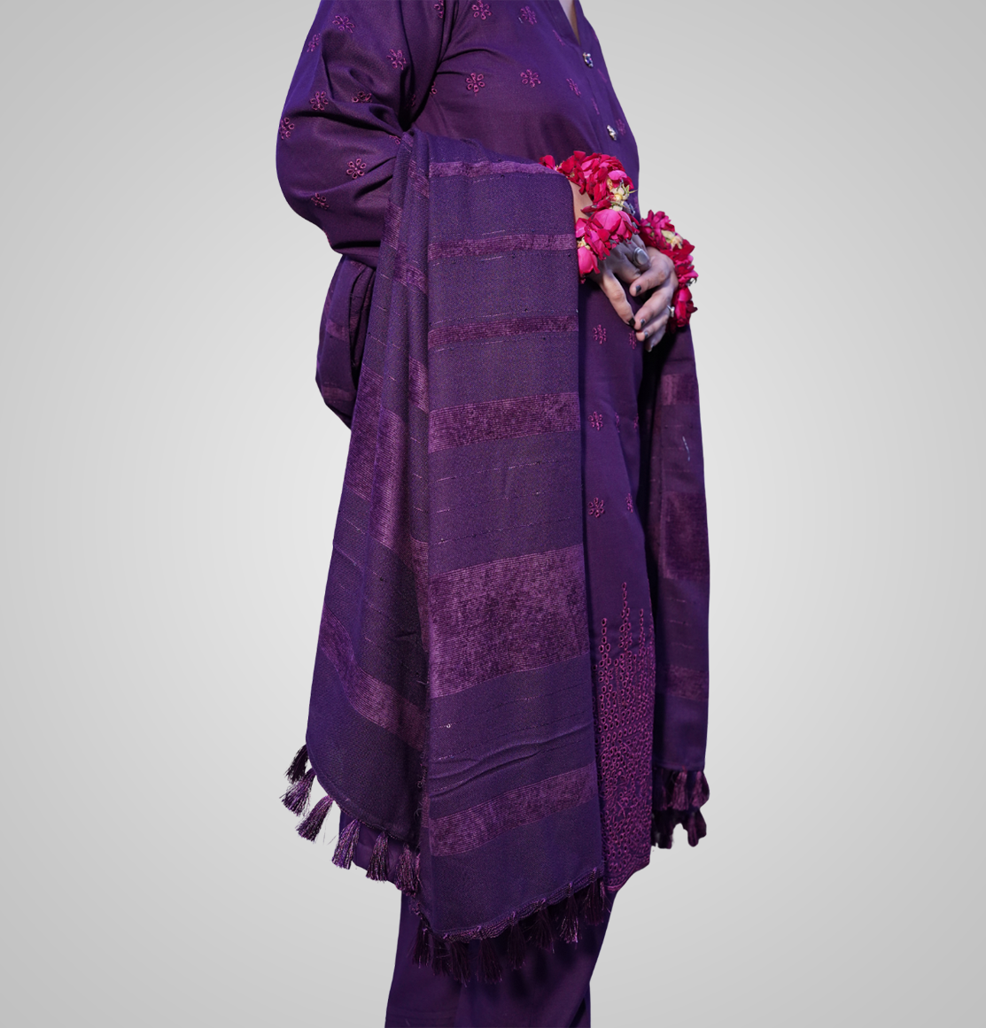Royal Orchid Embroidered Ensemble ( 3 piece suit with wool shawl )