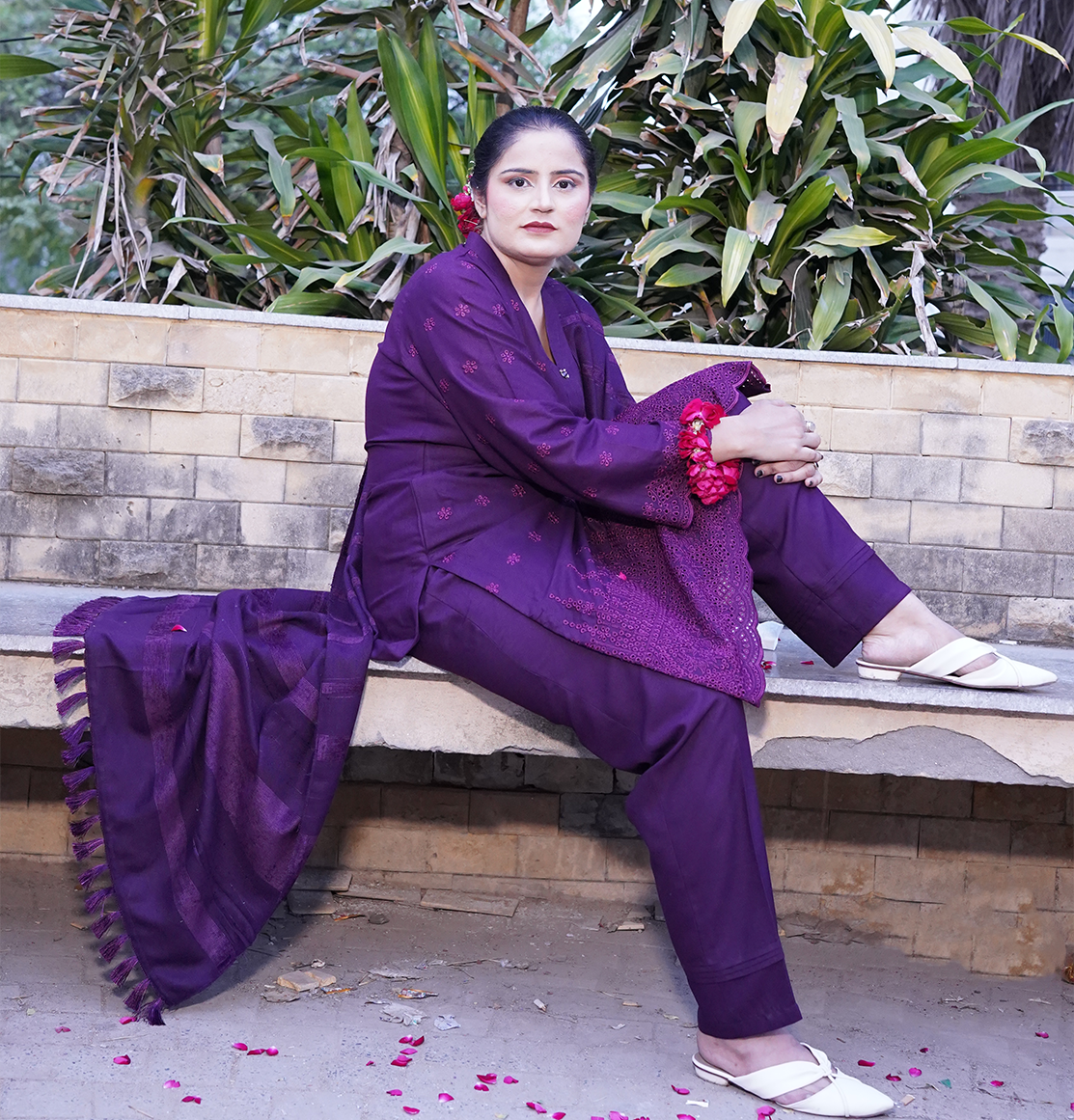 Royal Orchid Embroidered Ensemble ( 3 piece suit with wool shawl )