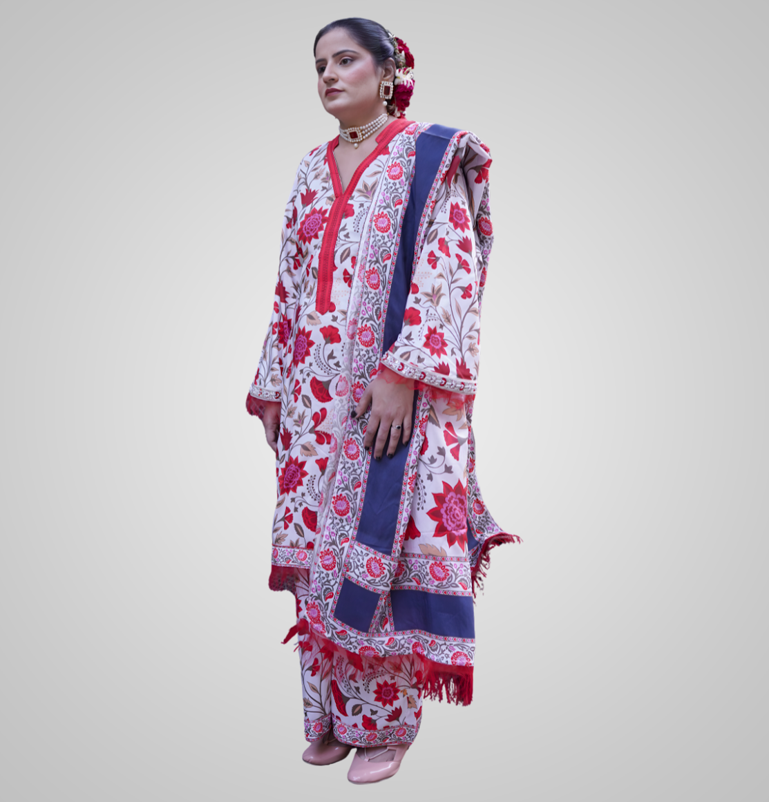 Gulzar Blossom – White & Red Printed 3-Piece Suit