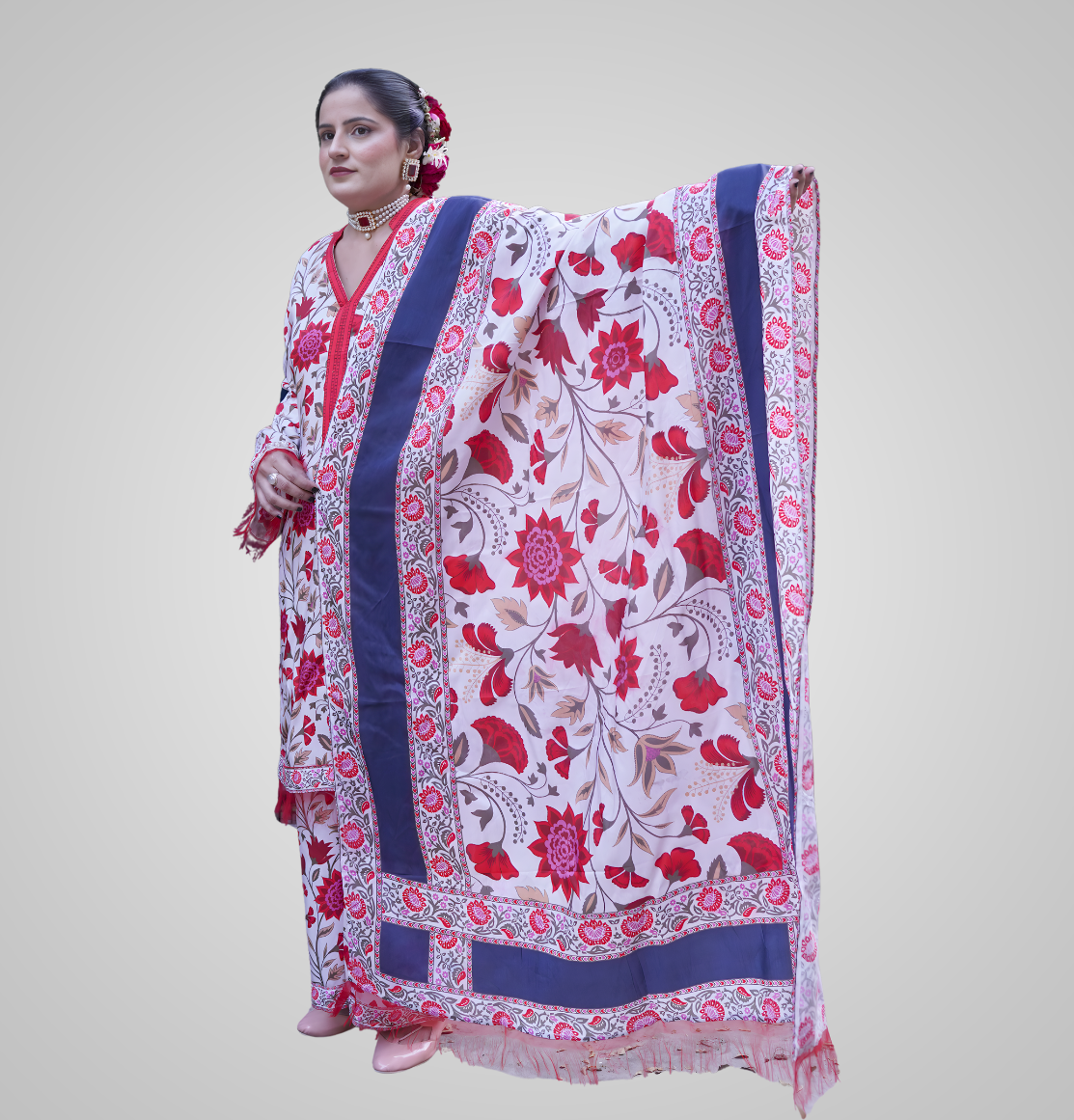 Gulzar Blossom – White & Red Printed 3-Piece Suit