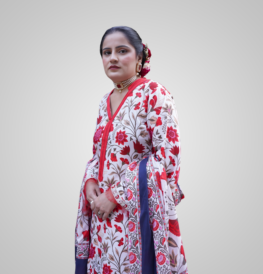Gulzar Blossom – White & Red Printed 3-Piece Suit